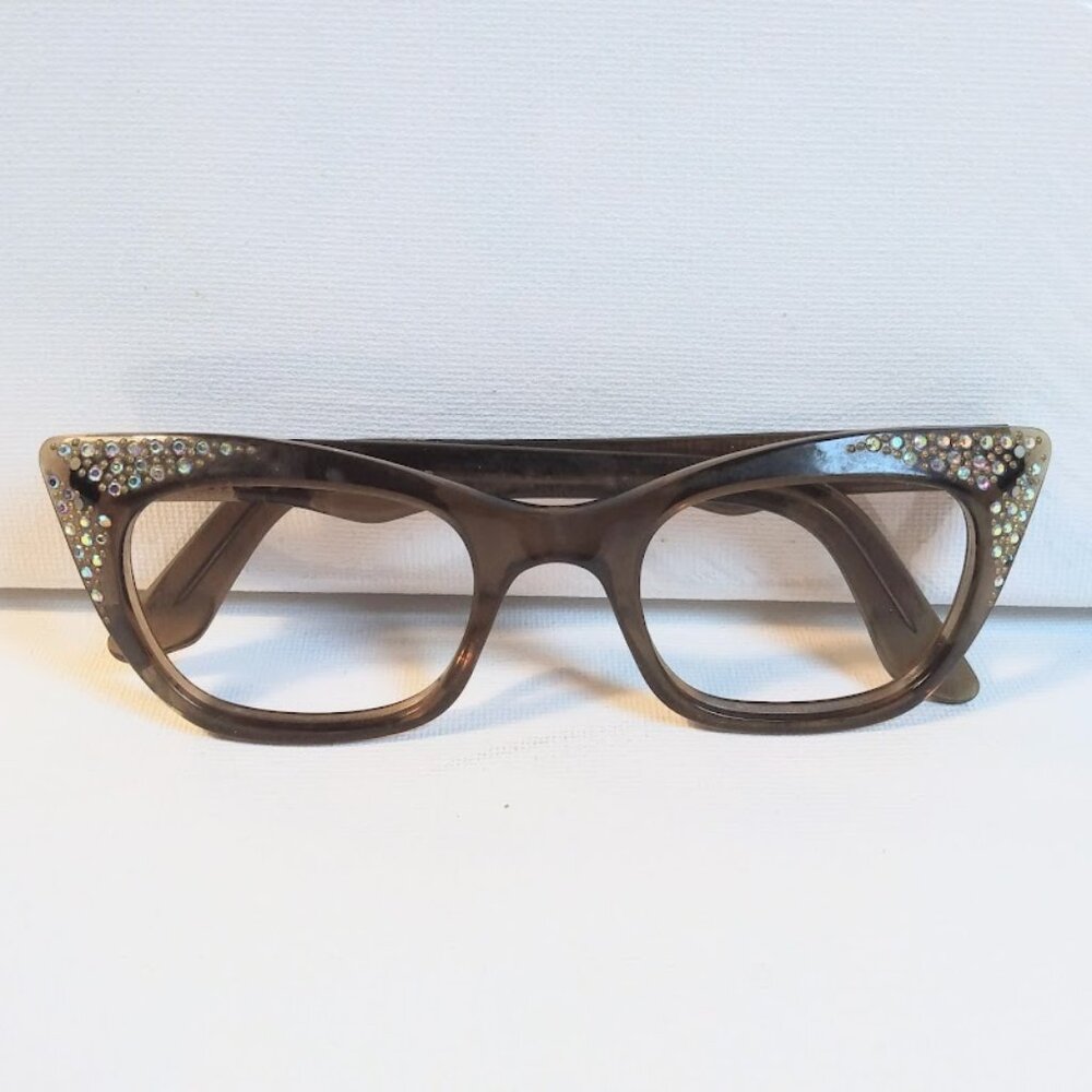 Vintage FRAME FRANCE Cat Eye Brown Eyeglasses FRAMES ONLY w/Rhinestones *FLAWS*